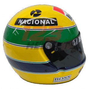 Full-scale replica of Ayrton Senna’s 1991 Formula 1 helmet, detailed collector’s display model.