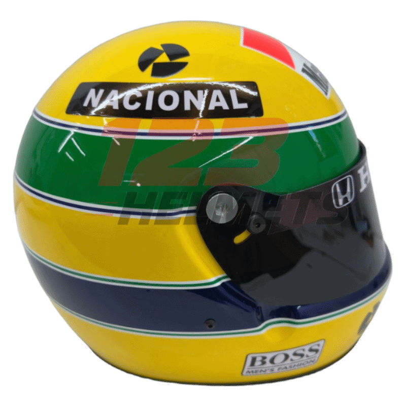 Full-scale replica of Ayrton Senna’s 1991 Formula 1 helmet, detailed collector’s display model.