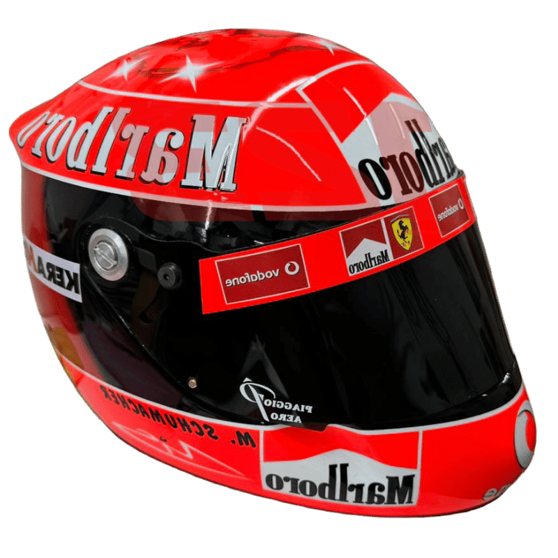 Replica a grandezza naturale del casco di Formula 1 del 2006 di Michael Schumacher, modello da collezione dettagliato.