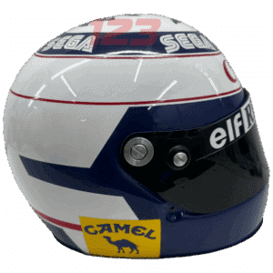 Full-scale replica of Alain Prost’s 1993 Formula 1 helmet with “SONIC” branding, detailed collector’s display model.