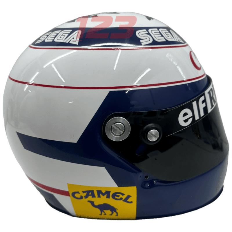 Full-scale replica of Alain Prost’s 1993 Formula 1 helmet with “SONIC” branding, detailed collector’s display model.