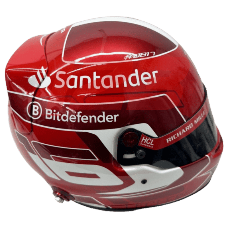 Full-scale replica of Charles Leclerc’s 2024 Formula 1 helmet, detailed collector’s display model.