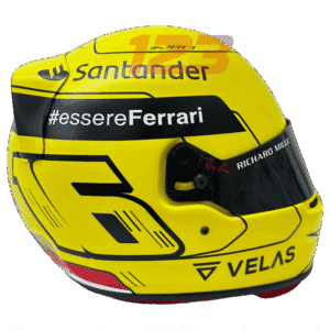 Full-scale replica of Charles Leclerc’s 2022 Monza Grand Prix helmet, detailed collector’s display model.