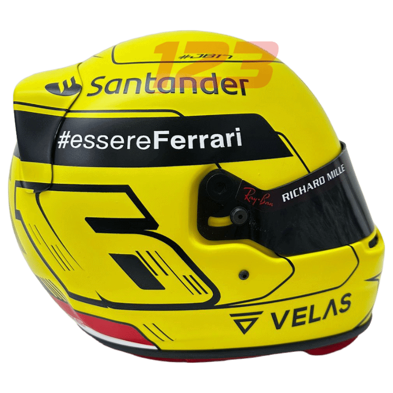 Full-scale replica of Charles Leclerc’s 2022 Monza Grand Prix helmet, detailed collector’s display model.