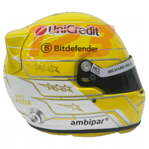 Full-scale replica of Lewis Hamilton’s 2025 Ferrari Monza Grand Prix helmet, detailed collector’s display model.