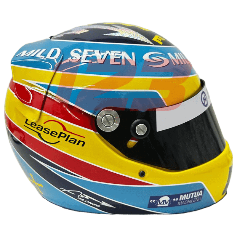 Réplica em tamanho real do capacete de Fórmula 1 de 2006 de Fernando Alonso, modelo de exposição detalhado para colecionadores.