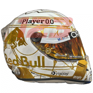 Full-scale replica of Max Verstappen’s “4 Titles” 2024 championship helmet, detailed collector’s display model.