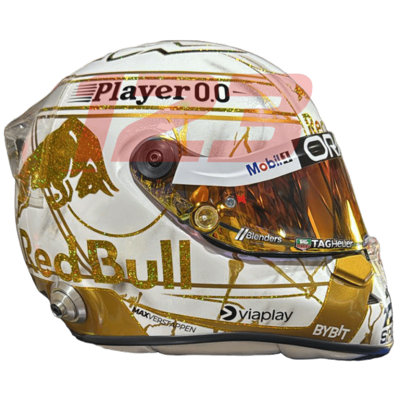 Réplica em tamanho real do capacete "4 Títulos" do campeonato de 2024 de Max Verstappen, modelo detalhado de exposição para colecionadores.