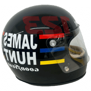 Full-scale replica of James Hunt’s 1976 Formula 1 helmet, detailed collector’s display model.