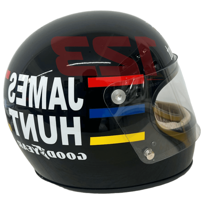 خوذة طبق الأصل بالحجم الكامل لجيمس هانت 1976 نسخة طبق الأصل بالحجم الكامل من خوذة جيمس هانت للفورمولا 1 لعام 1976، نموذج عرض مفصل للمجمعين.