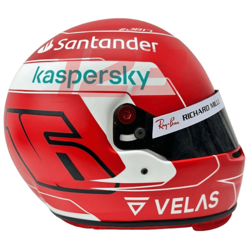 Full-scale replica of Charles Leclerc’s 2022 Formula 1 helmet, detailed collector’s display model.