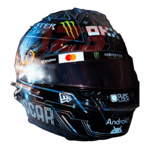 Full-scale replica of Oscar Piastri’s 2025 Austin Grand Prix “computer chip” helmet, detailed collector’s display model.