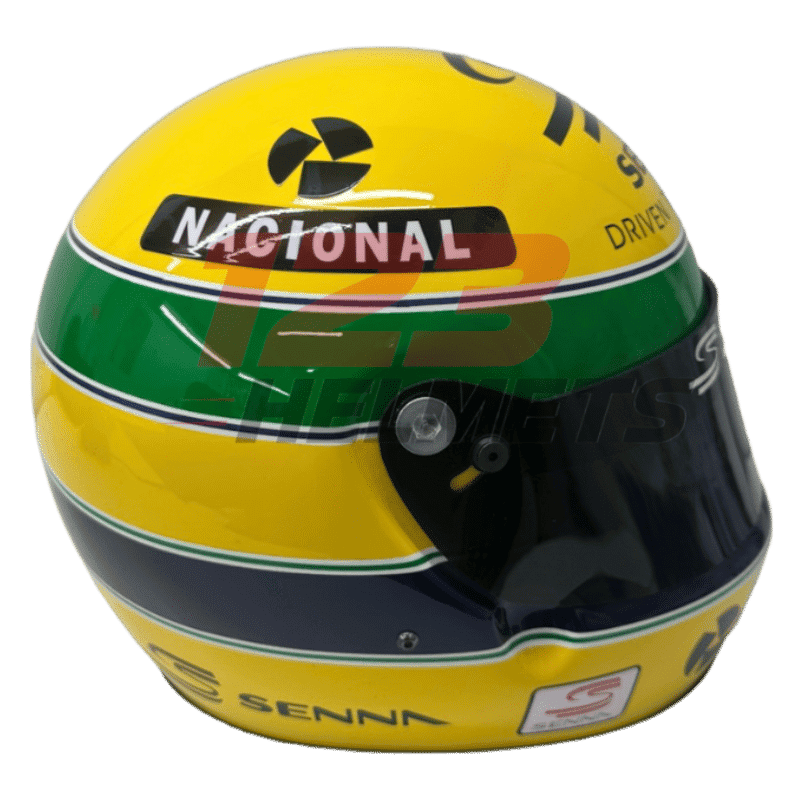 Full-scale replica of the Ayrton Senna 30th Anniversary Tribute helmet, detailed collector’s display model.