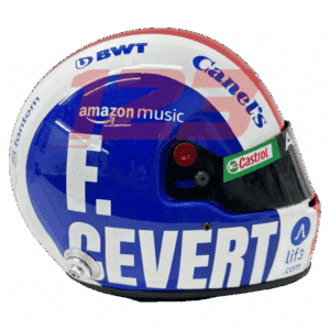 Full-scale replica of Pierre Gasly’s 2023 United States Grand Prix helmet tribute to François Cevert, detailed collector’s display model.