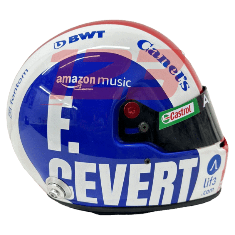 Pierre Gasly 2023 US GP Tribute to François Cevert Full-Scale Replica Helmet Full-scale replica of Pierre Gasly’s 2023 United States Grand Prix helmet tribute to François Cevert, detailed collector’s display model.