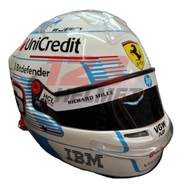 Full-scale replica of Charles Leclerc’s helmet for the 2025 Monaco Grand Prix, high-detail display model.