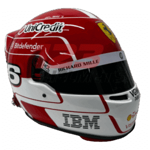 Full-scale replica of Charles Leclerc’s 2025 Formula 1 helmet, detailed collector’s display model.