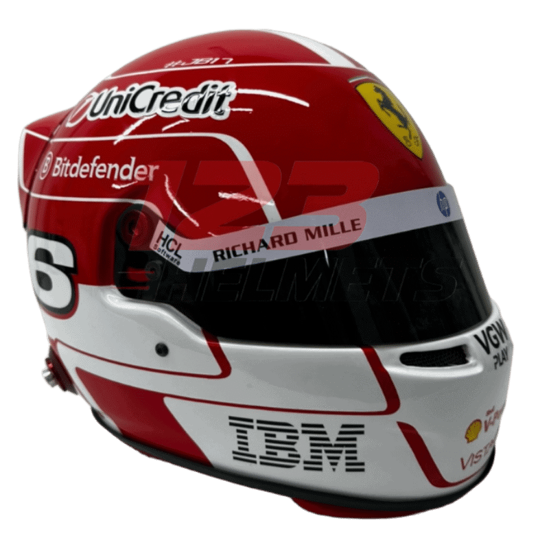 Full-scale replica of Charles Leclerc’s 2025 Formula 1 helmet, detailed collector’s display model.