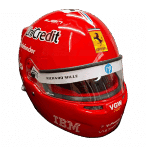 Full-scale replica of Charles Leclerc’s 2025 Monza Grand Prix helmet, detailed collector’s display model.