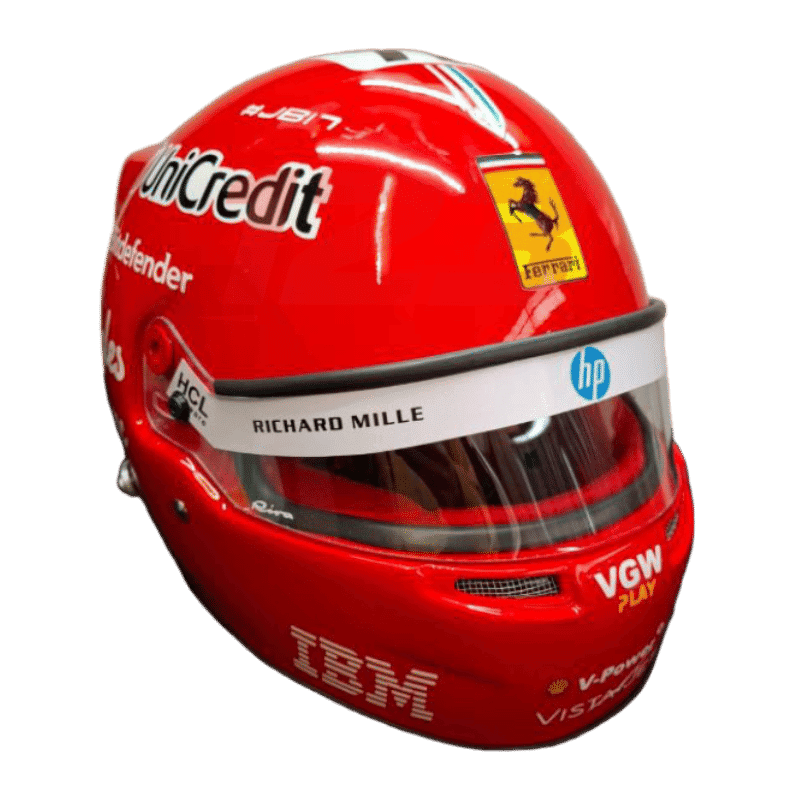 Full-scale replica of Charles Leclerc’s 2025 Monza Grand Prix helmet, detailed collector’s display model.