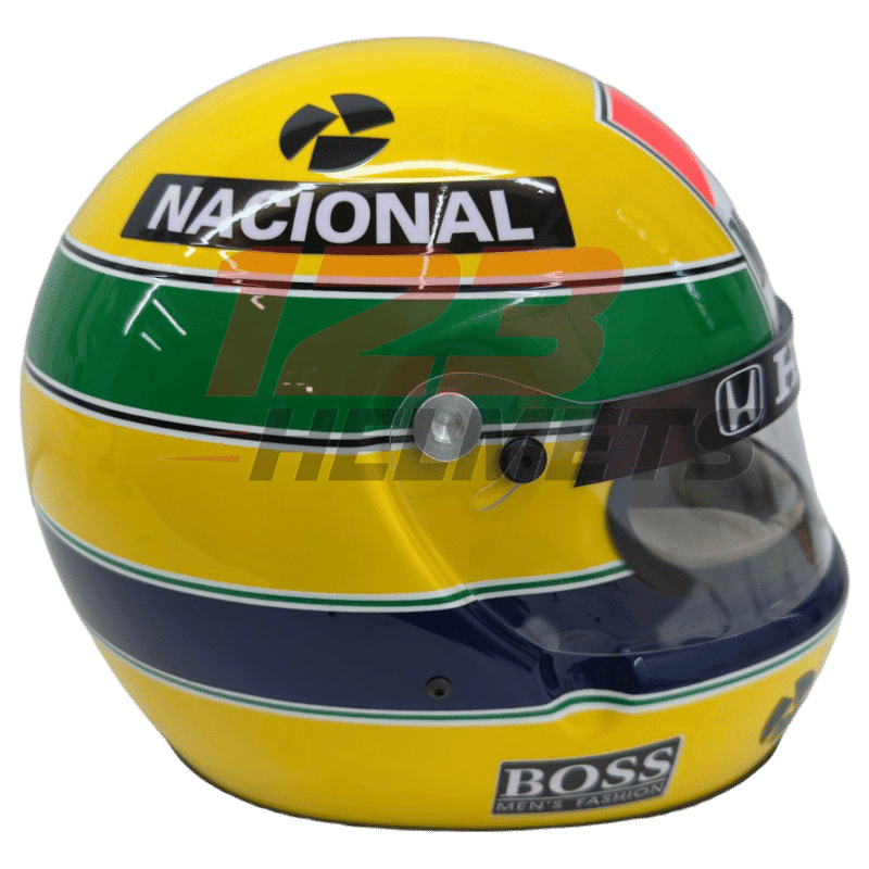 Full-scale replica of Ayrton Senna’s 1988 Formula 1 helmet, detailed collector’s display model.