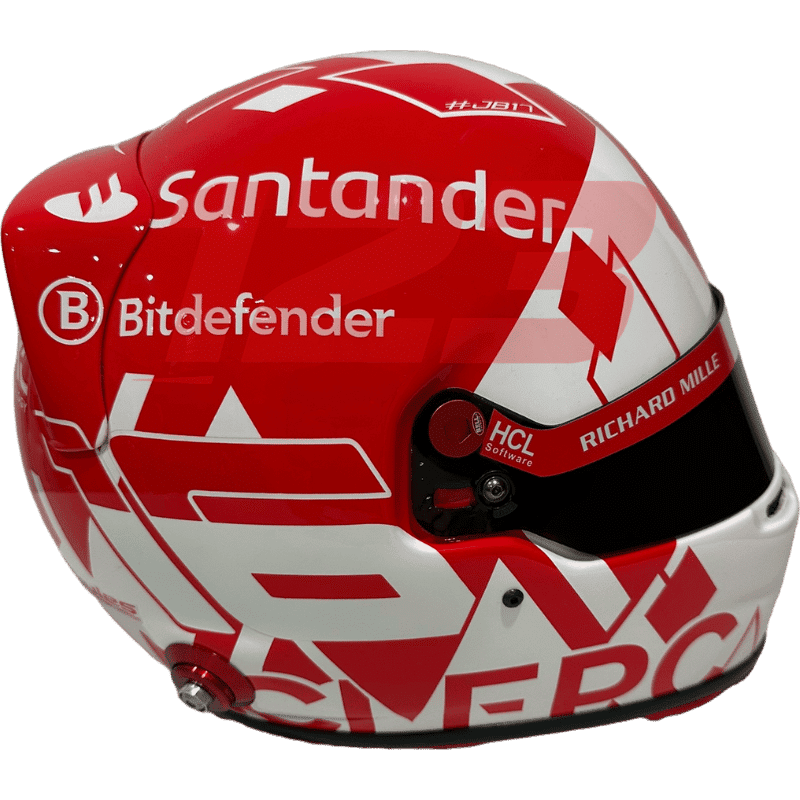 Full-scale replica of Charles Leclerc’s 2024 Monaco Grand Prix helmet, detailed collector’s display model.