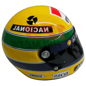 Full-scale replica of Ayrton Senna’s 1992 Formula 1 helmet, detailed collector’s display model.