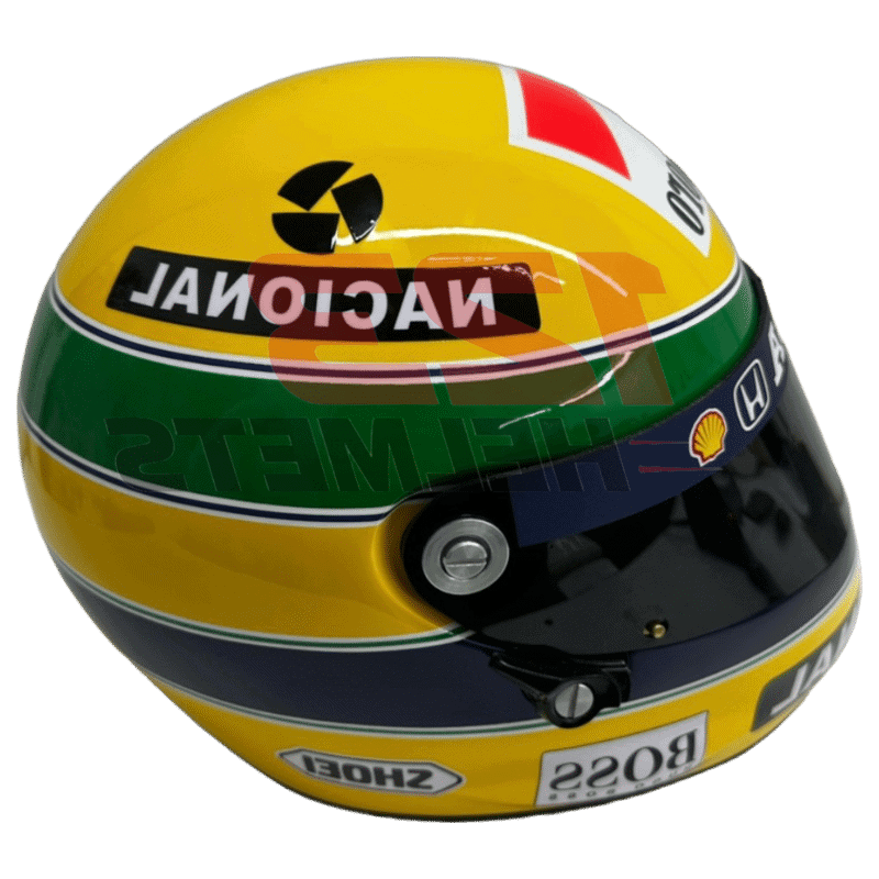 Full-scale replica of Ayrton Senna’s 1992 Formula 1 helmet, detailed collector’s display model.