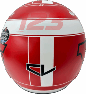 Full-scale replica of Charles Leclerc’s 2022 Formula 1 helmet, detailed collector’s display model.