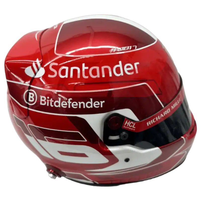 Charles Leclerc 2024 Ferrari F1 replica helmet Full-scale replica of Charles Leclerc’s 2024 Formula 1 helmet, detailed collector’s display model.