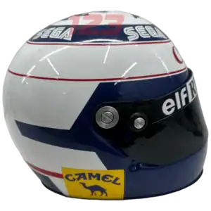 Full-scale replica of Alain Prost’s 1993 Formula 1 helmet with “SONIC” branding, detailed collector’s display model.
