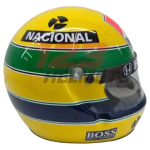 Full-scale replica of Ayrton Senna’s 1988 Formula 1 helmet, detailed collector’s display model.