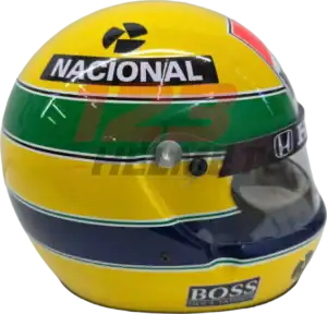 Full-scale replica of Ayrton Senna’s 1988 Formula 1 helmet, detailed collector’s display model.