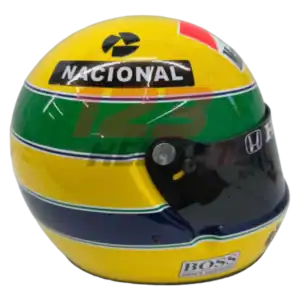 Full-scale replica of Ayrton Senna’s 1991 Formula 1 helmet, detailed collector’s display model.