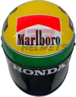 Full-scale replica of Ayrton Senna’s 1991 Formula 1 helmet, detailed collector’s display model.