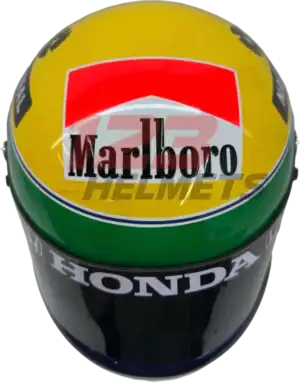 Full-scale replica of Ayrton Senna’s 1991 Formula 1 helmet, detailed collector’s display model.