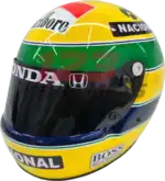 Full-scale replica of Ayrton Senna’s 1991 Formula 1 helmet, detailed collector’s display model.
