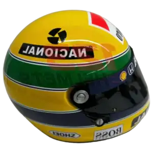 Full-scale replica of Ayrton Senna’s 1992 Formula 1 helmet, detailed collector’s display model.