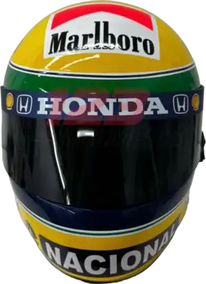 Full-scale replica of Ayrton Senna’s 1992 Formula 1 helmet, detailed collector’s display model.