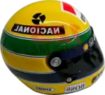 Full-scale replica of Ayrton Senna’s 1992 Formula 1 helmet, detailed collector’s display model.