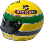 Full-scale replica of the Ayrton Senna 30th Anniversary Tribute helmet, detailed collector’s display model.