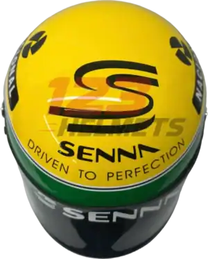 Yellow racing helmet with Sena branding and driver’s slogan, ideal for motorsport enthusiasts.