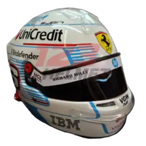 Full-scale replica of Charles Leclerc’s helmet for the 2025 Monaco Grand Prix, high-detail display model.