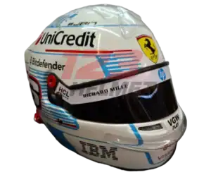 Full-scale replica of Charles Leclerc’s helmet for the 2025 Monaco Grand Prix, high-detail display model.