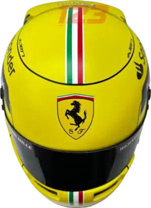 Full-scale replica of Charles Leclerc’s 2022 Monza Grand Prix helmet, detailed collector’s display model.