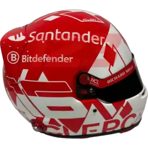 Full-scale replica of Charles Leclerc’s 2024 Monaco Grand Prix helmet, detailed collector’s display model.