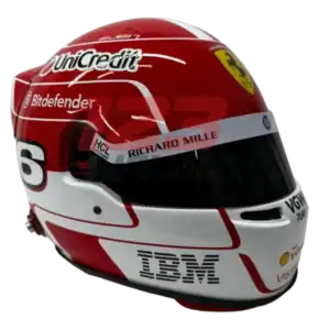 Full-scale replica of Charles Leclerc’s 2025 Formula 1 helmet, detailed collector’s display model.