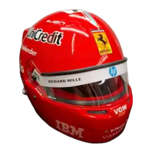 Full-scale replica of Charles Leclerc’s 2025 Monza Grand Prix helmet, detailed collector’s display model.