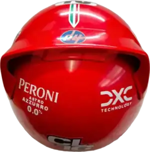 Full-scale replica of Charles Leclerc’s 2025 Monza Grand Prix helmet, detailed collector’s display model.