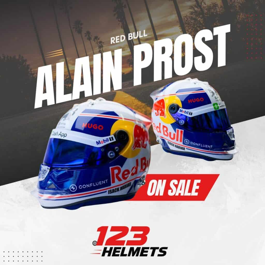 Full-scale replica of Isack Hadjar’s 2025 Mexican Grand Prix helmet tribute to Alain Prost’s 1990 win, detailed collector’s display model.